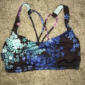 Flowery, stringy racer-back sports bra